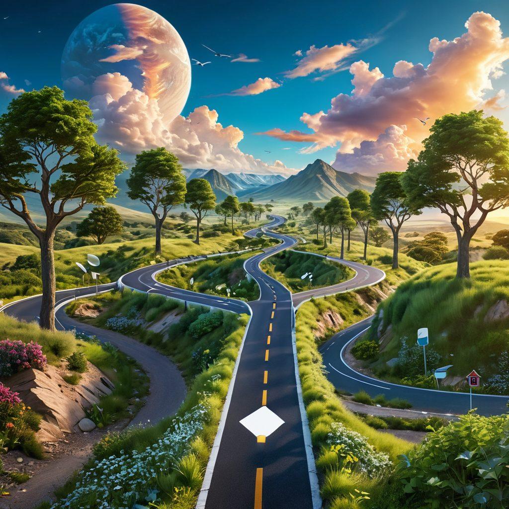 A dynamic road winding through a lush landscape, symbolizing the journey from awareness to advocacy, with signposts showing confidence and knowledge. People of diverse backgrounds walking together, sharing ideas and inspirations, surrounded by symbols of empowerment like books and lightbulbs. The sky is bright and optimistic, hinting at a promising future. super-realistic. vibrant colors. 3D.