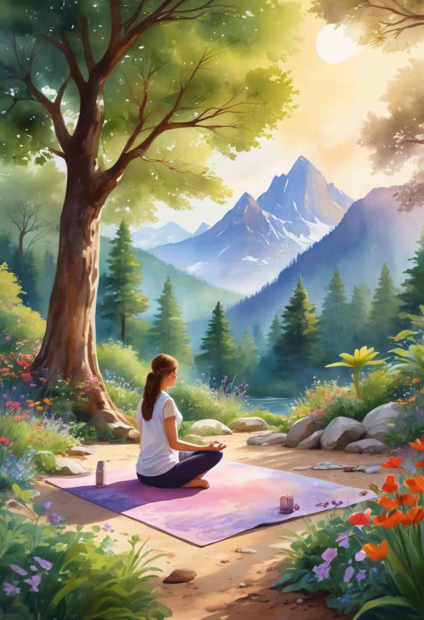 A serene scene featuring a diverse group of people engaged in supportive activities, such as meditation, yoga, and sharing stories in a lush garden. Incorporate symbols of hope, like butterflies and flowers, alongside wellness tools like crystals and herbal teas. The atmosphere should radiate warmth and positivity, with soft sunlight filtering through the trees. Include elements representing strength, like mountains in the background, suggesting a journey. watercolor style. vibrant colors. calming atmosphere.