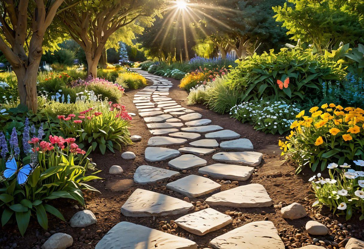 A serene path winding through a blooming garden, symbolizing hope and healing, with diverse patients and caregivers walking together, exchanging supportive conversations. The sun casts a warm glow, highlighting inspirational quotes on the pathway stones. Include elements like butterflies and ribbons to represent resilience. super-realistic. vibrant colors. peaceful atmosphere.